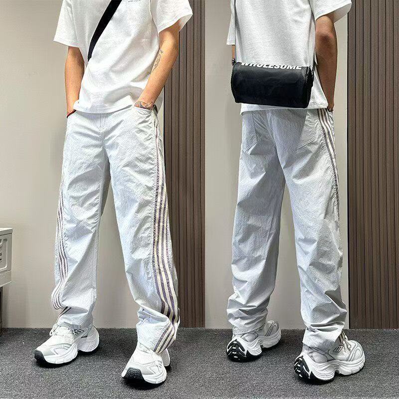 American trendy brand contrasting color striped quick-drying scimitar casual pants men's summer thin versatile loose straight sweatpants