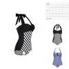 Elegante Costume da Bagno Nero con Scollo a V Profondo e Spalline Sottili Taglie Forti per Costumi da Bagno a Strisce Donna