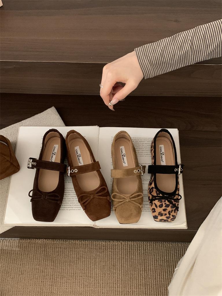 OKLEIBO, Retro Square Head Bow Ballet Single Shoes Women's French Fashion Belt Buckle Mary Jane Shoes