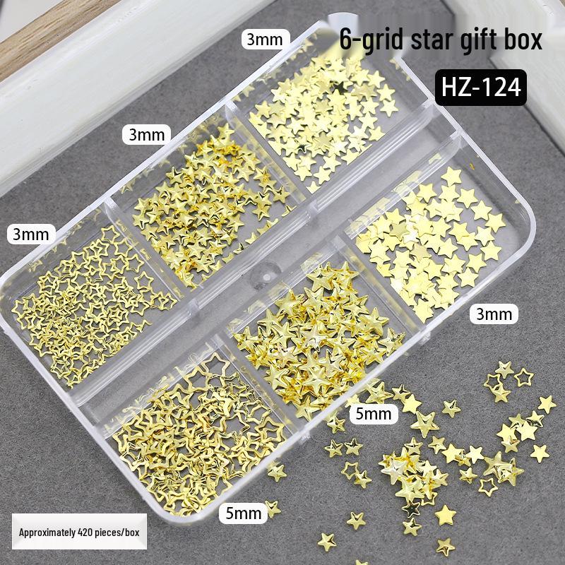 Kreuz Stern Nieten Nagelkunst Set: 6-Fächer-Box mit Gold- und Silber-Metallstickern für vielseitige Nageldekoration