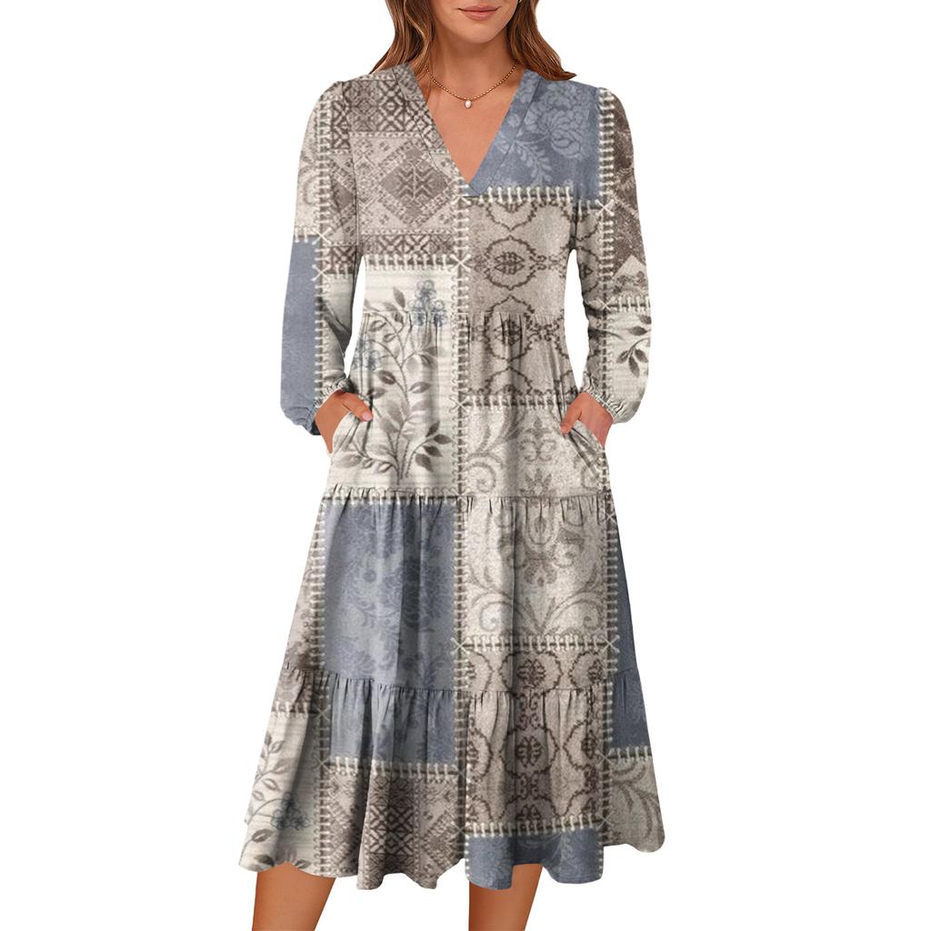 Damen V-Ausschnitt Fließendes Bohemian Langarm Blumenprint Kleid