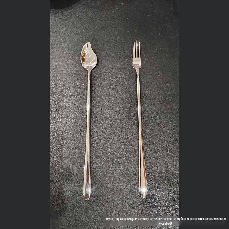 

Ложка для смешивания из нержавеющей стали 304 с длинной ручкой, с вилкой и дизайном в виде листа для десертов, мороженого, молочного чая и меда. Silver Spoon