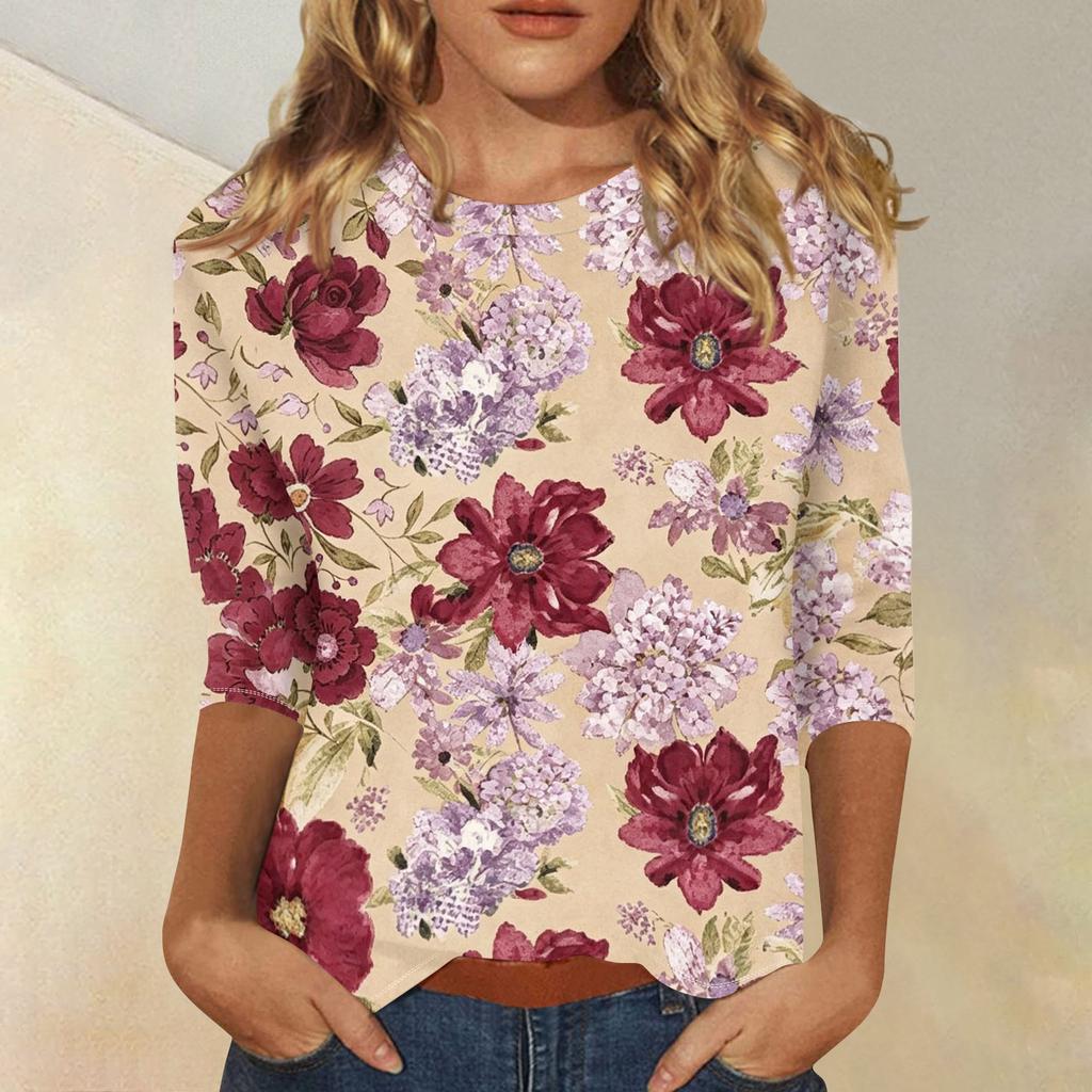 Women’s Casual Three Quarter Sleeve Floral Print Crew Neck Blouse Relaxed Fit Lightweight Top for Everyday Wear