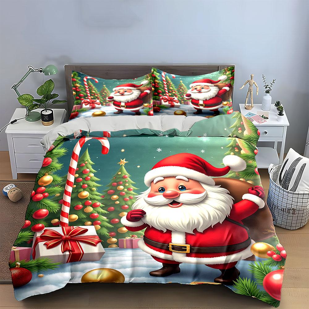 Santa Claus and Christmas Trees Bedding Duvet Cover Set Duvet Cover Pillowcases (1*Duvet Cover 2*Pillowcases, Without Duvet Insert)