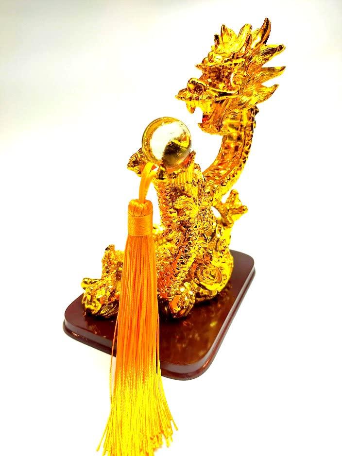 Golden Rising Dragon Figurine with Crystal Ball for Good Fortune and Strong Luck