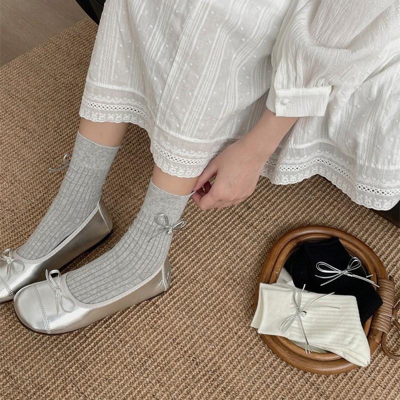 Female Spring and Autumn Cotton Double Bow Love Ballet Wind Drum Pile Socks