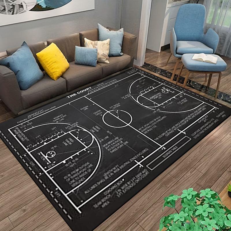 Basketball Court Design Carpet, Black and White Sports Area Rug Suitable for use as an anti-slip for living room bedroom sofas