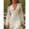 Elegantes Vintage Boho Quastenkleid für Damen Weiß Spitze V-Ausschnitt Fransenärmel Herbst Partykleid Hochzeitsgast Maxikleider