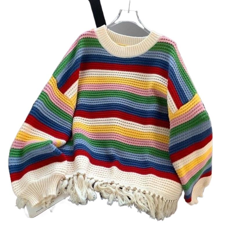 Colorful Striped Women's Sweater Hem Tassel Round Collar Long Sleeved Pullover Korean Style Autumn New Version Loose Casual Female Top