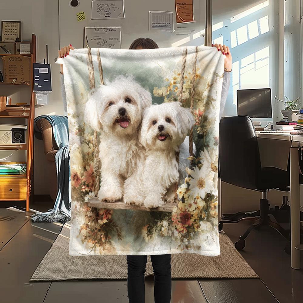 Maltese dog and flowers,pattern Flannel Blanket, High quality Comfortable for All Seasons, Home Decor, Warmth and Comfort, Perfect for Gifts.