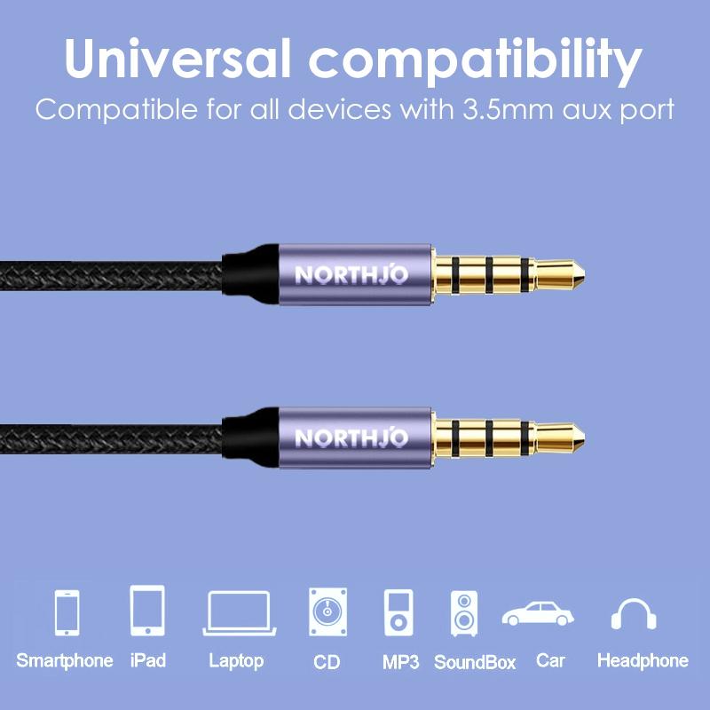 

NORTHJO NOMTM0402 4-Pole 3.5mm AUX Adapter Audio Cable Male to Male Stereo Audio Wire 2m As Shown A