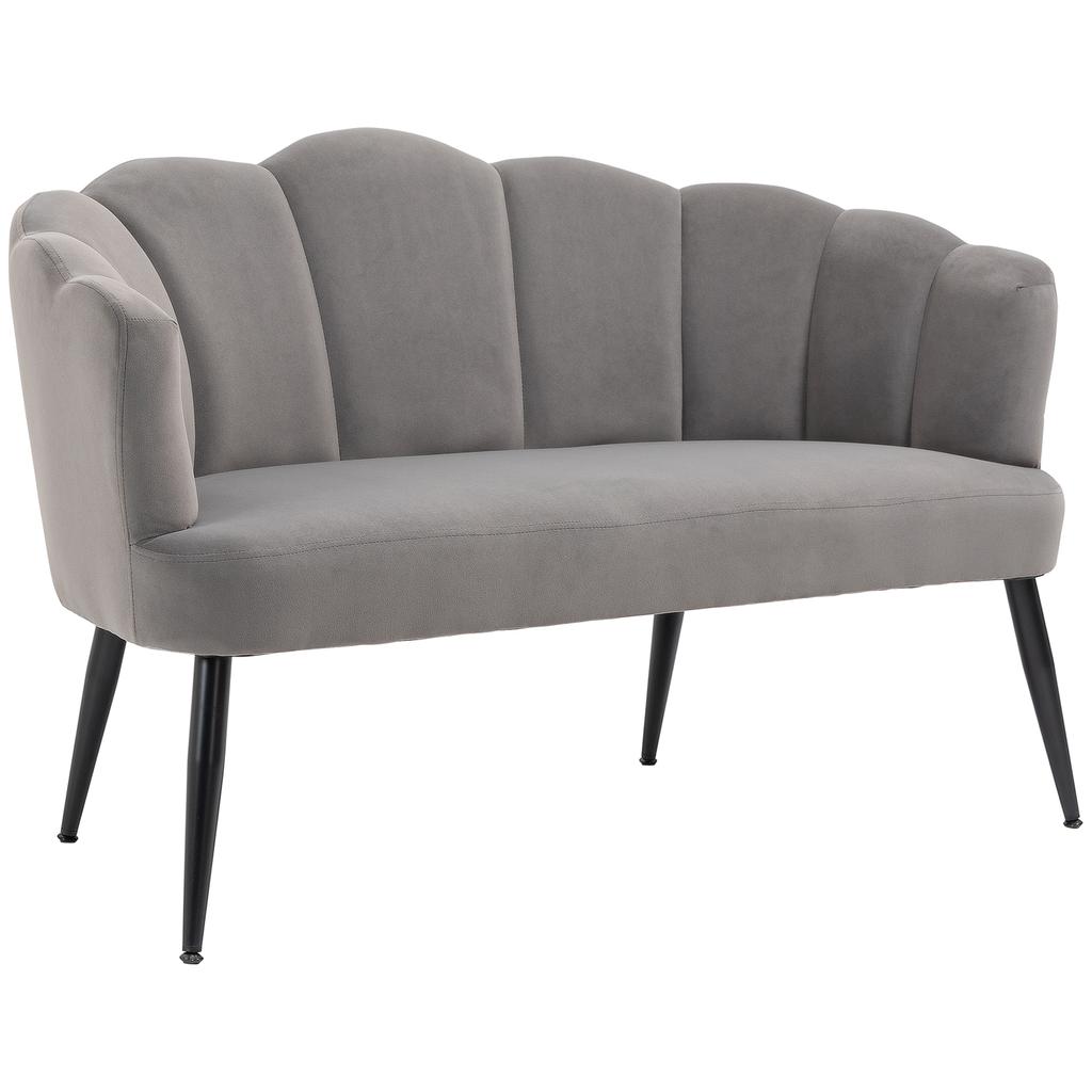 2-Seater Sofa in Velvet with Metal Legs and Shell-Shaped Backrest, 132x66x80cm, Grey