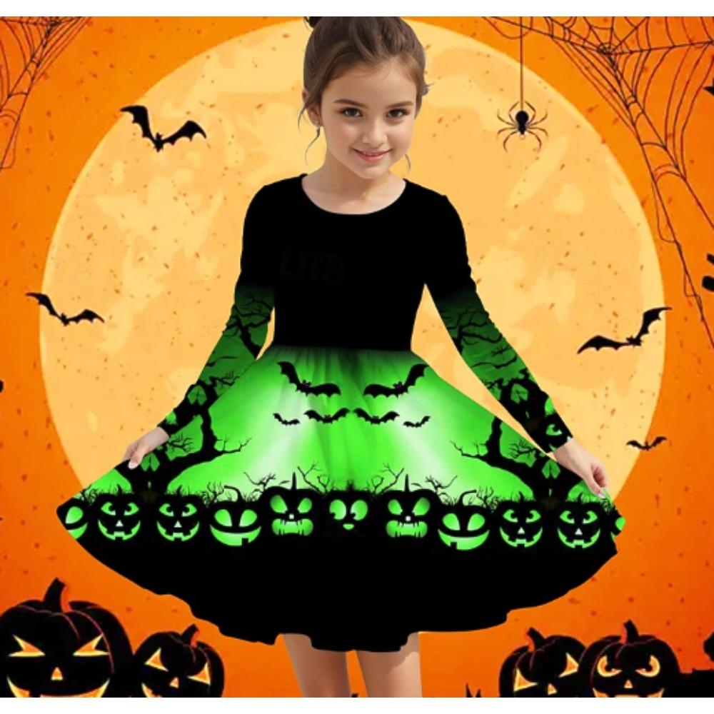Girls' 3D Halloween Dress Long Sleeve Summer Spring Vacation Daily Holiday Princess Beautiful Sweet Kids 4-12 Years Casual Dress A Line Dress