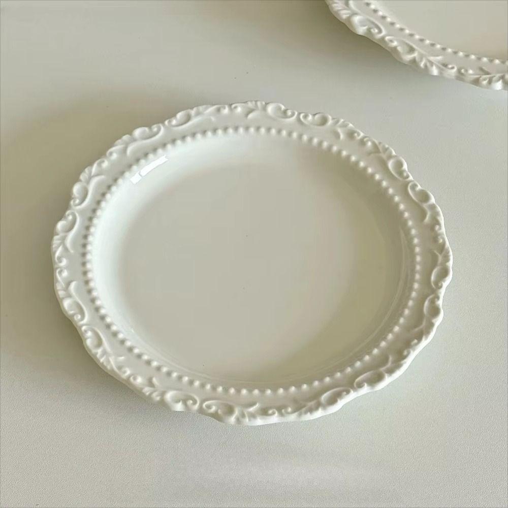 White/Yellow Color French Relief Plate Embossed Design Dessert Serving Tray Cafe Use