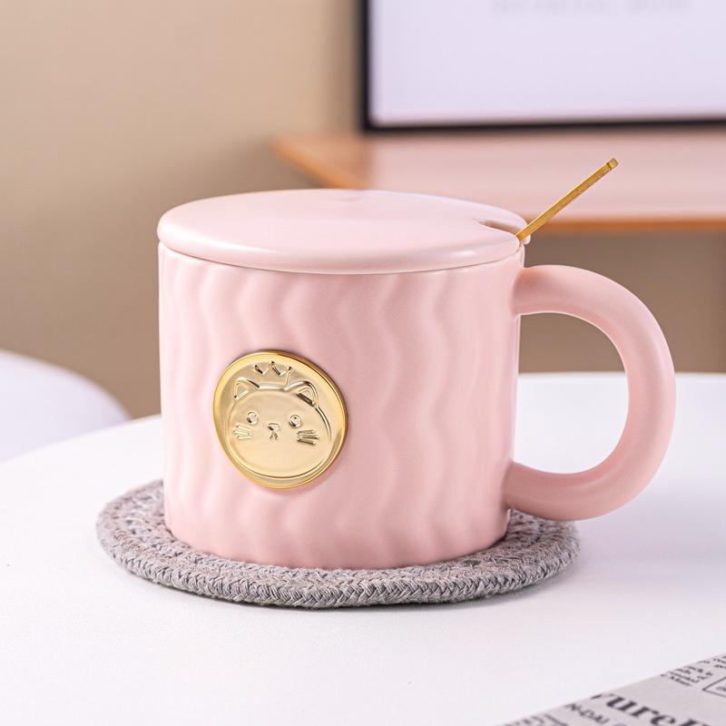 Nordic style ins creative relief wavy ceramic cup with lid household personalized simple coffee cup
