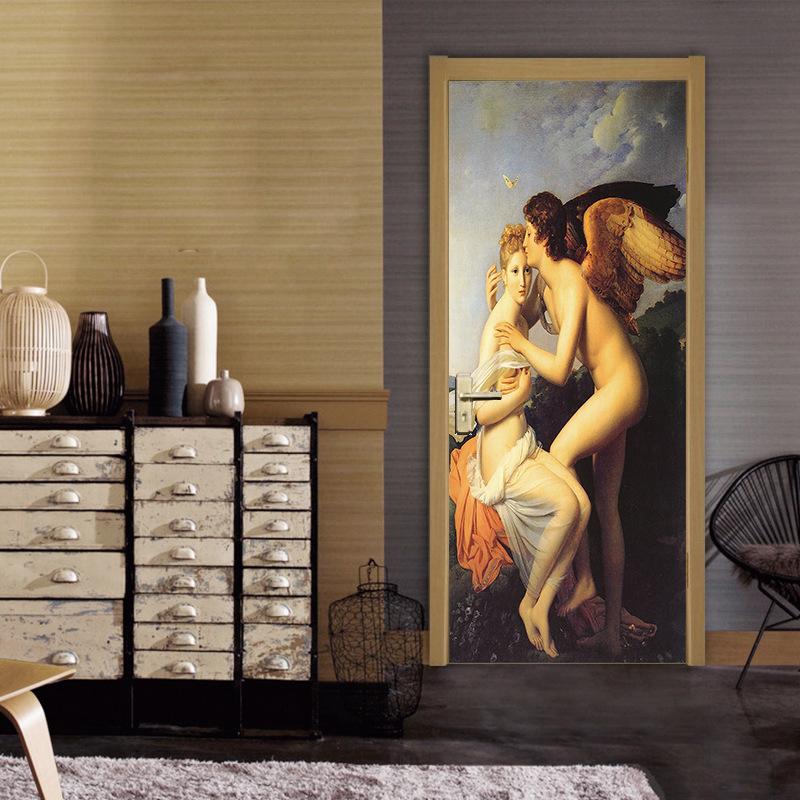 Renaissance Neoclassical Love God First Kiss Door Stickers Decorative Sticker Self-adhesive Waterproof Relief Wallpaper Mural Decor