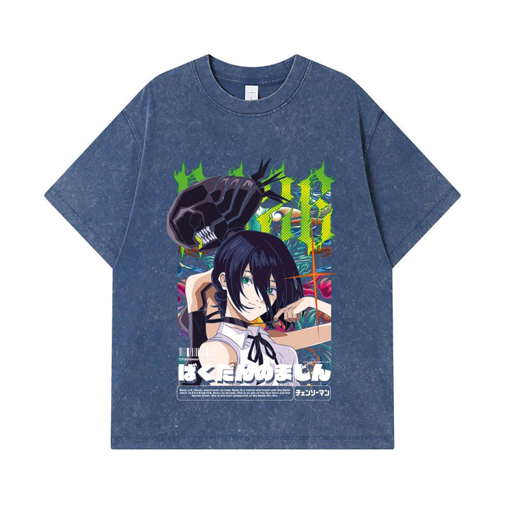 275 GSM Washed T-shirts 100% Cotton Chainsaw Man V54 Reze Print Unisex Heavy Cotton T Shirt