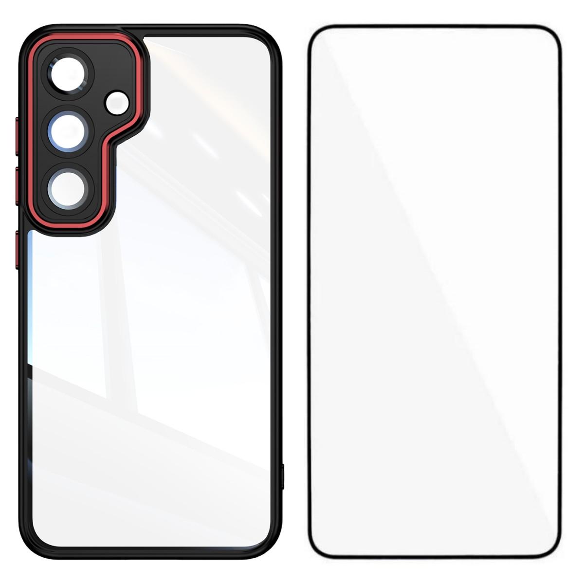 

Для Samsung Galaxy S24 FE Чохол з ТПУ WANLONFENG Протиударний Прозорий Чохол для Телефону з Плівкою із Загартованого Скла Black Red