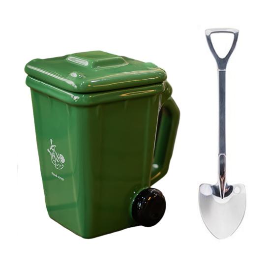 Trash Can Ceramic Mug, with Lid Mini Recycling Bin, Novelty Trash Bin Shaped Drinking Tea Cup, for Office Home Use зелёный