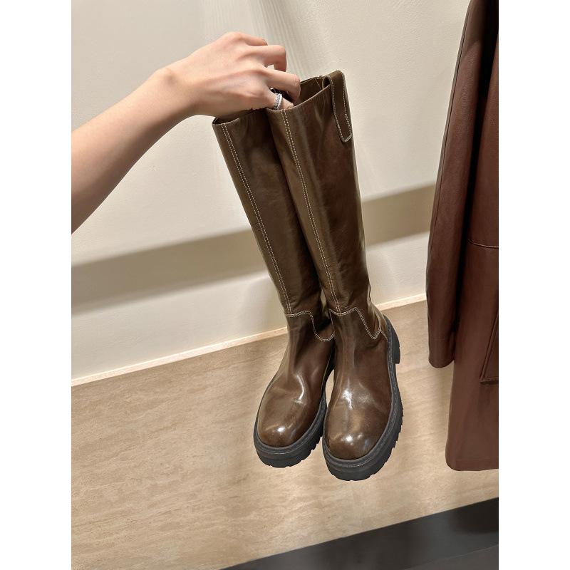 Schuhschrumpfung Pferdeleder Runde Spitze Dicke Sohle Dicker Absatz Skinny Mittel Lang Ritterstiefel Damen