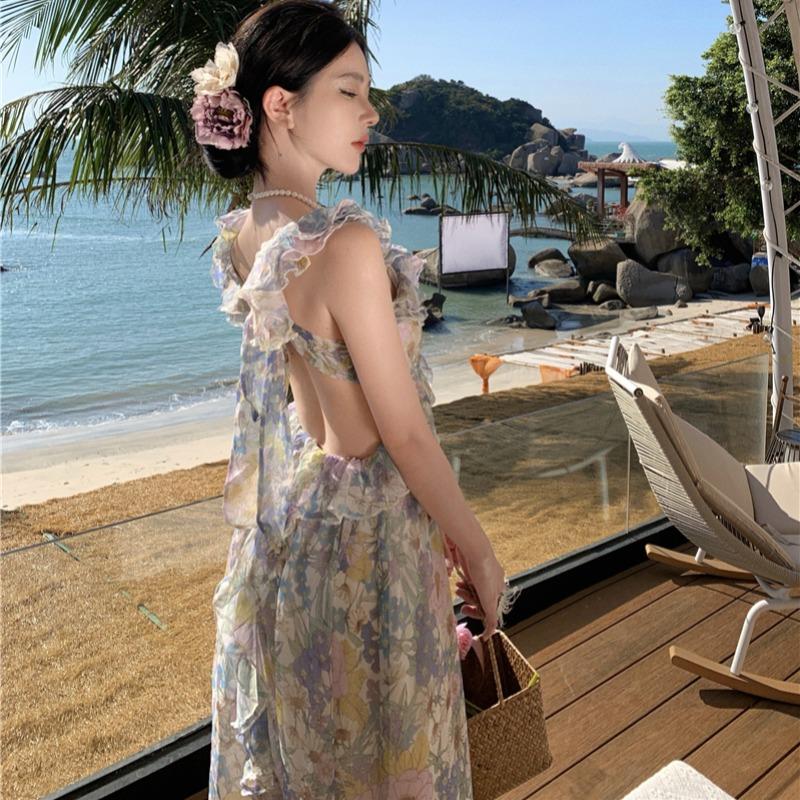 French Style Summer Sexy Backless Floral Dress with String,  Beach Holiday Dress