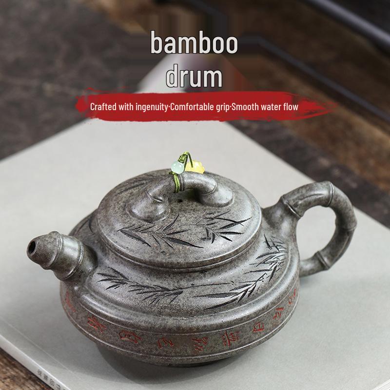 Handmade Zisha Teapot with Carved Bamboo Drum Design - Yixing Tea Set