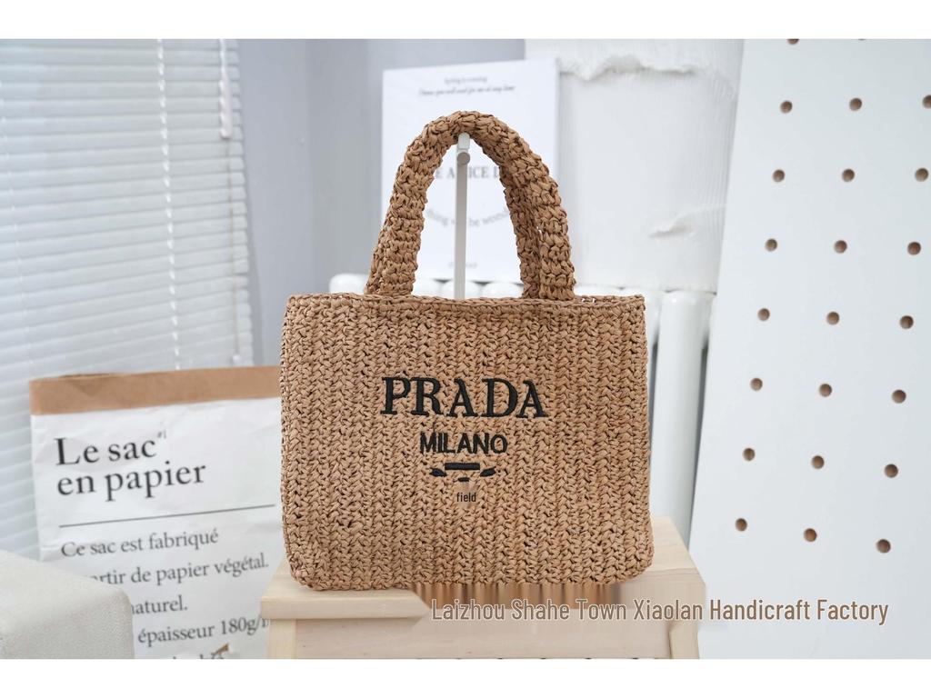 Striped Handmade Straw Tote with Letter Embroidery - Casual Beach Travel Bag