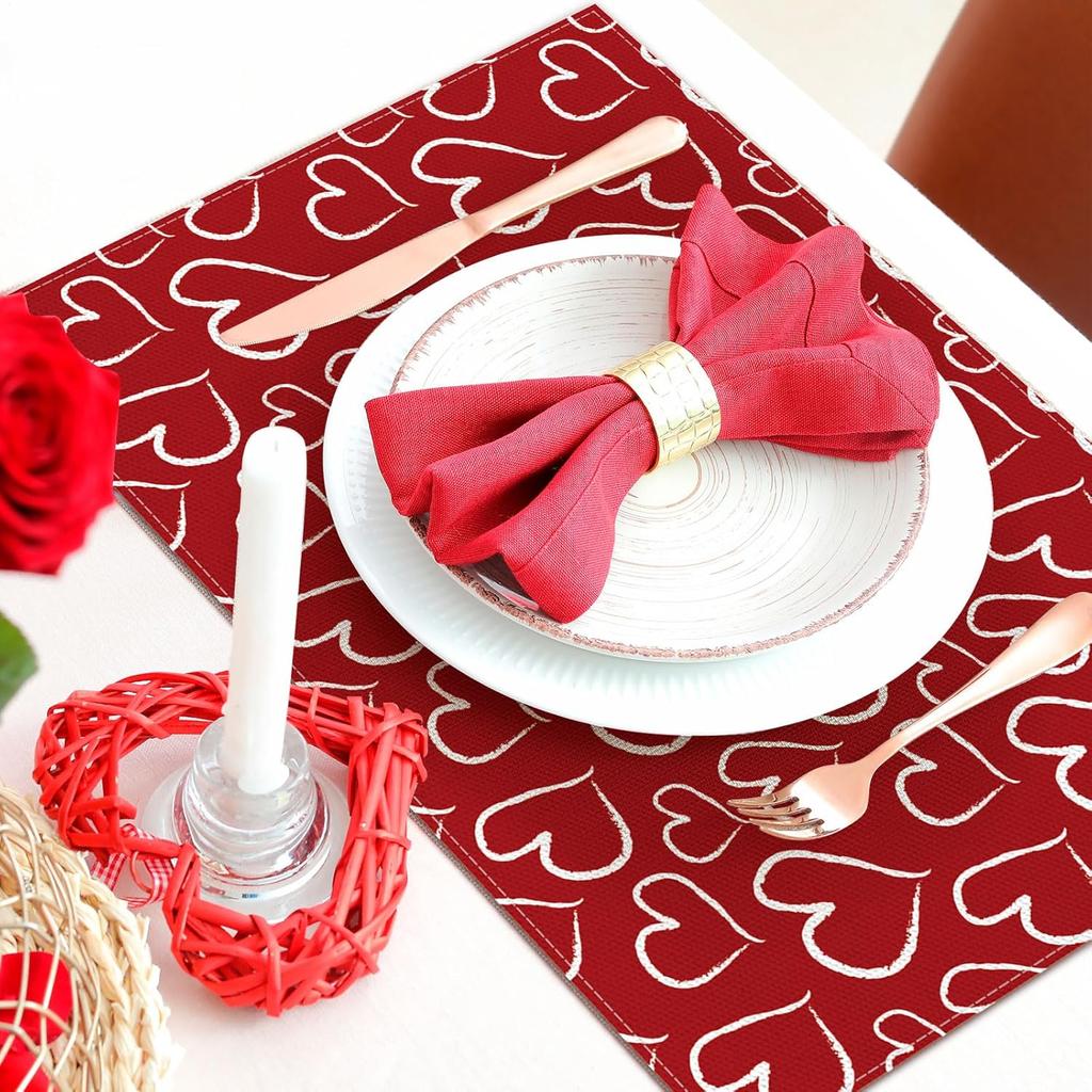 Red Love Valentine's Day Placemats Set of 6, Love Heart Seasonal Farmhouse 12 x 18 Inch Anniversary Wedding Holiday Table Mats for Dining Table Party