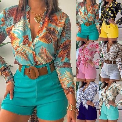 2 sztuk/zestaw Moda damska z długim rękawem, kwiatowym nadrukiem Koszula Stojak Kołnierz Casual Button Bluzka Zestaw