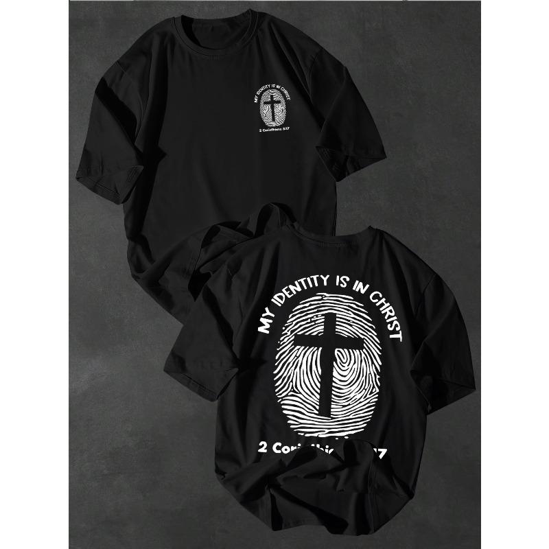 

European sizes Minimalist Trendy Men s Christian Identity Fingerprint Cross Print Short-Sleeve T-Shirt for Daily Casual Commuting 4XL чорний