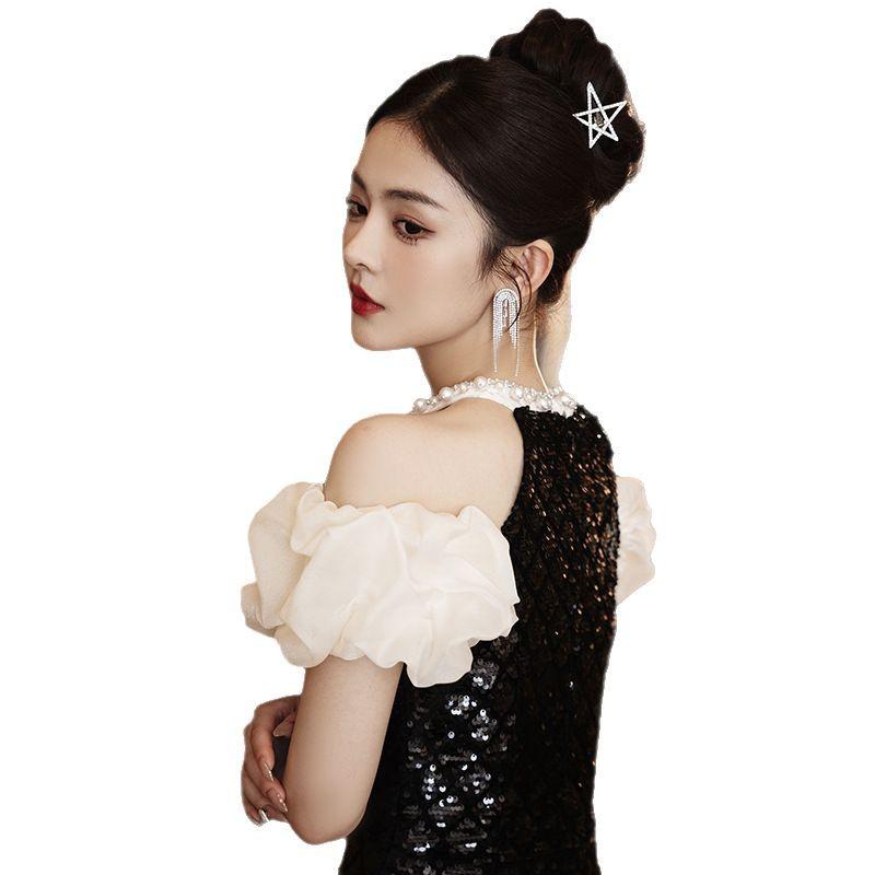 Black Neck Sequined Evening Dress Skirt Banquet Temperament Host Light Luxury Niche Adult Ceremony Fishtail Annual Meeting Dress