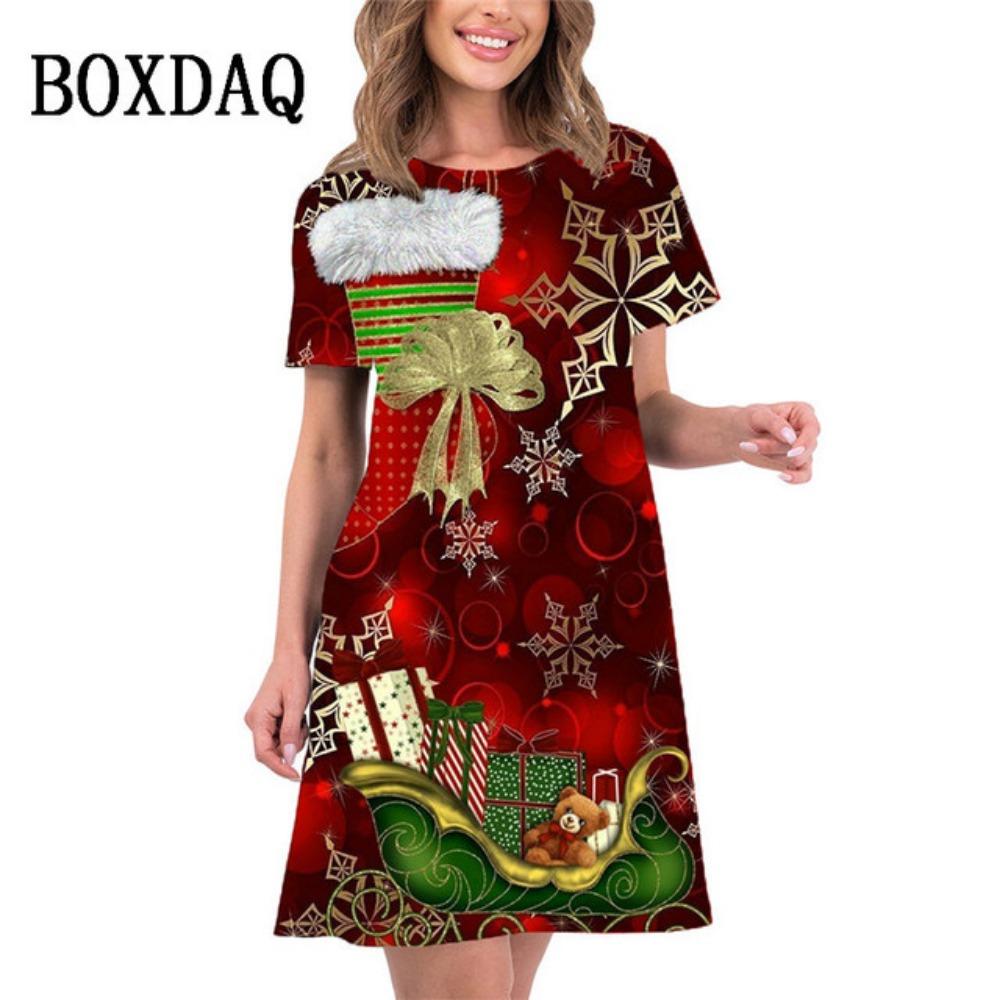 2026 new summer women's elegant christmas tree print mini dress short-sleeved loose casual beach sweet dress