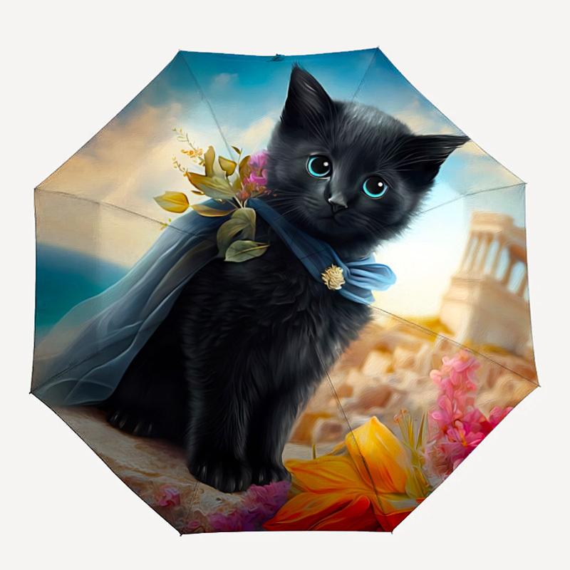 

1pc Black Cat Auto-Fold Umbrella with One-Touch Open/Close - 8 Reinforced Ribs for Windproof Stability, yy251118225