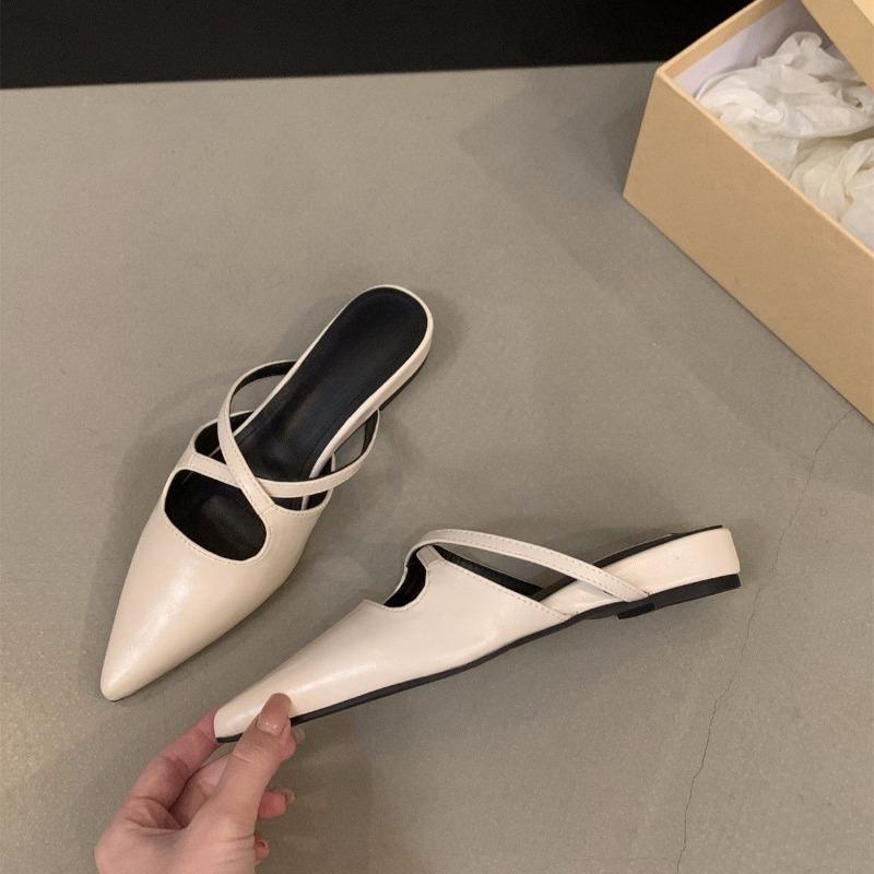 Fashion Women's Sandals Summer 2025 Pointed Toe Ladies Flat Sandals Retro Casual Leather Slides Plus Size 35-40 Mules Female Footwear