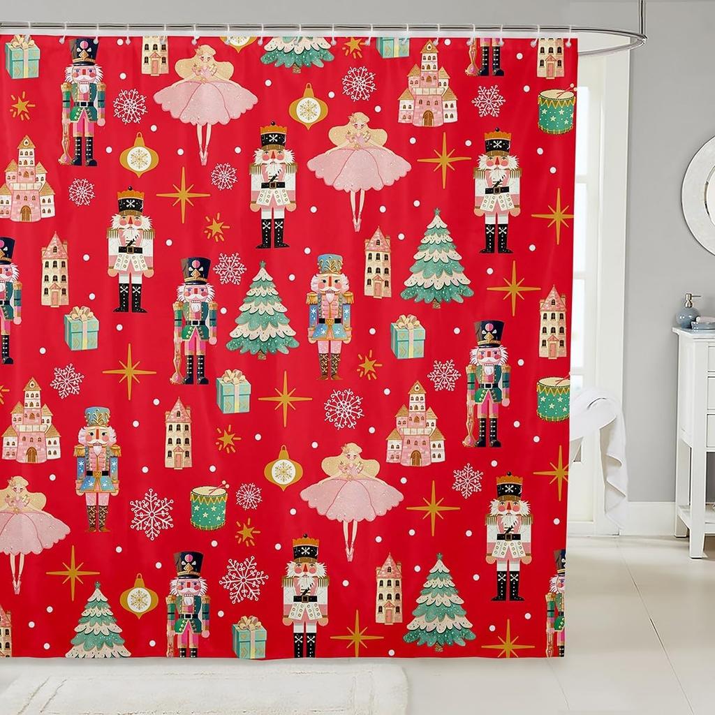 Pink Christmas Shower Curtain,Christmas Nutcracker Bathroom Shower Curtain Sets,Dreamy Castle Princess Fabric Shower Curtain