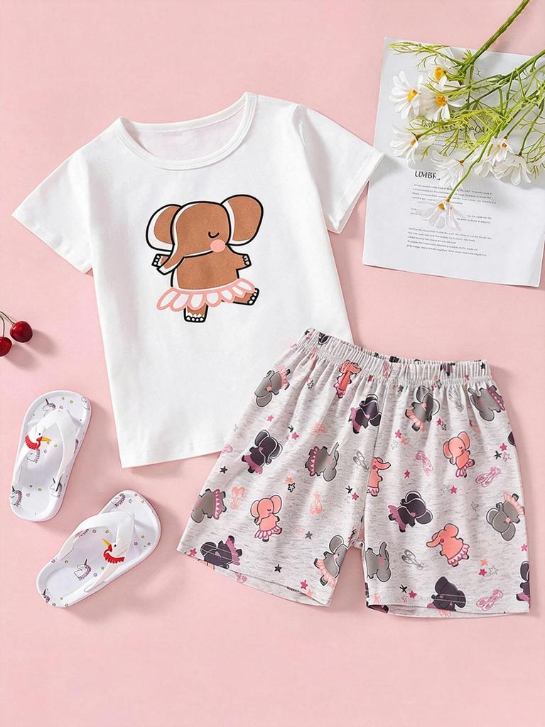 Little Girls Cute Dancing Elephant Print Outfit Crew Neck Short Sleeve T-Shirt & Shorts Casual Summer 2 Piece Clothing Set for Kids 2-8Y