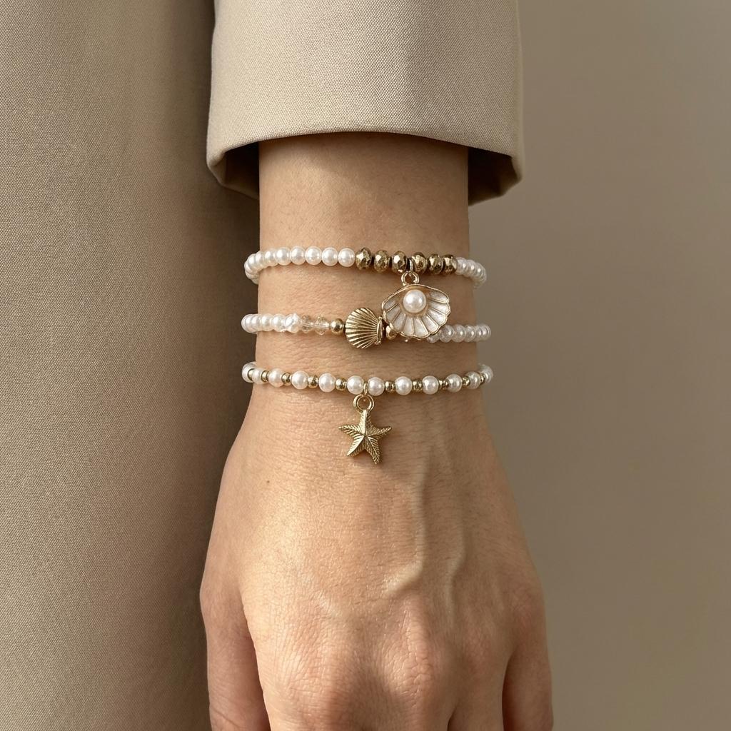Bohemian Imitation Pearl Starfish Handmade Bracelets Set for Women Dainty Shell Braided Rope Chain Stackable Jewelry Gift