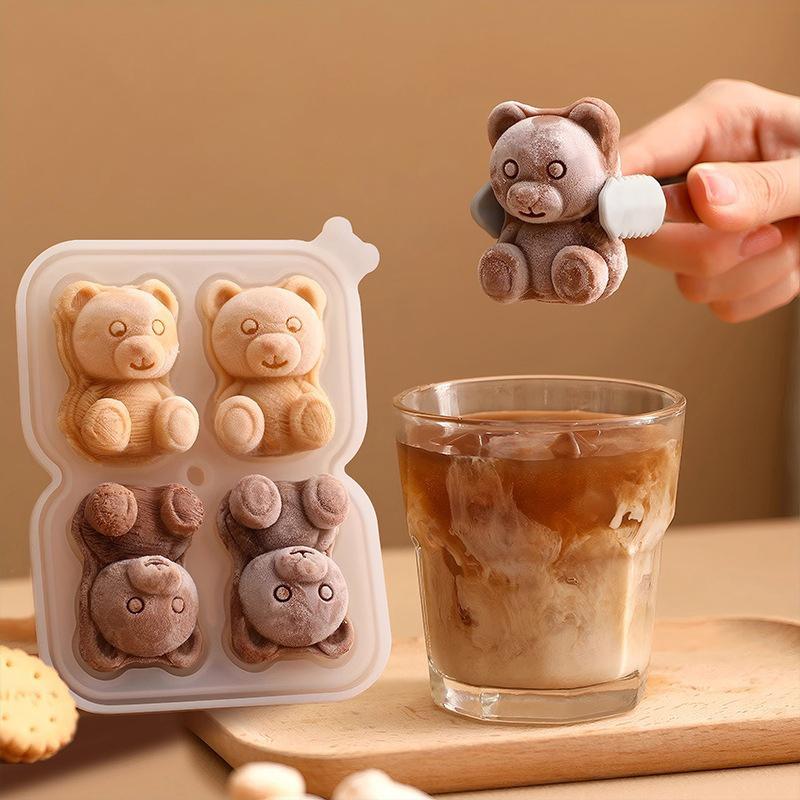 1 Stück Niedlicher Bär Vier Gitter Bär Eiswürfelform Silikon 3D Cartoon Bär Kerzenform Für Zuhause DIY Lebensmittelqualität Eis Whiskey Cocktails