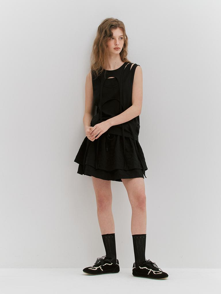 Minderly Flower Shirring Layered Skirt - Black