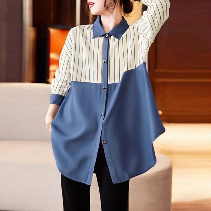 

ZANZEA Женские осенние рубашки с воротником-стойкой в полоску с длинным рукавом M синий