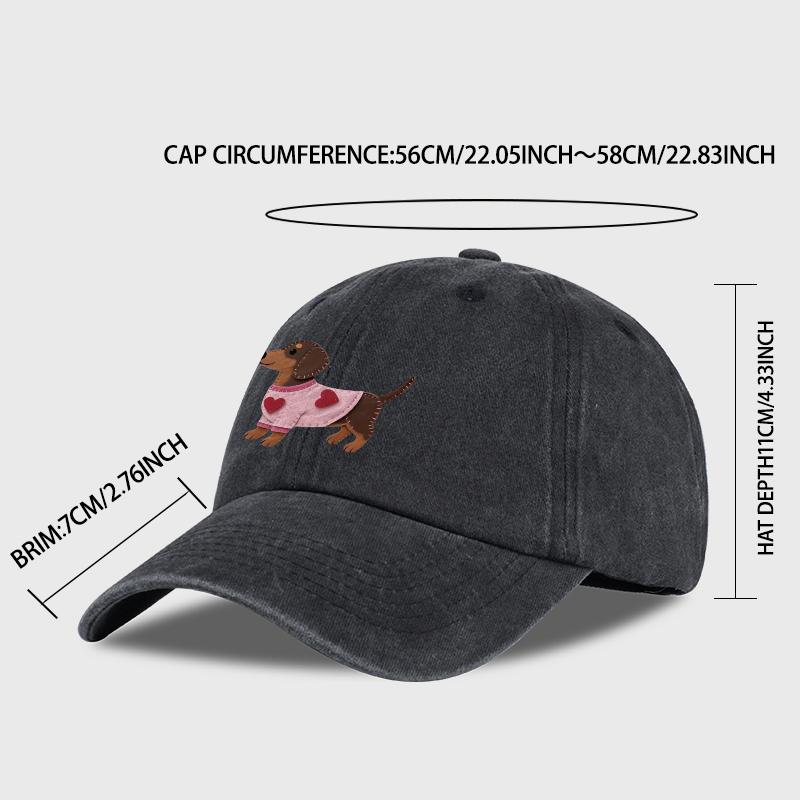 Cute Dachshund In Pink Heart Sweater Print Baseball Cap Men Women Vintage Washed Cotton Adjustable Dad Hat Pet Lover Sun Hat