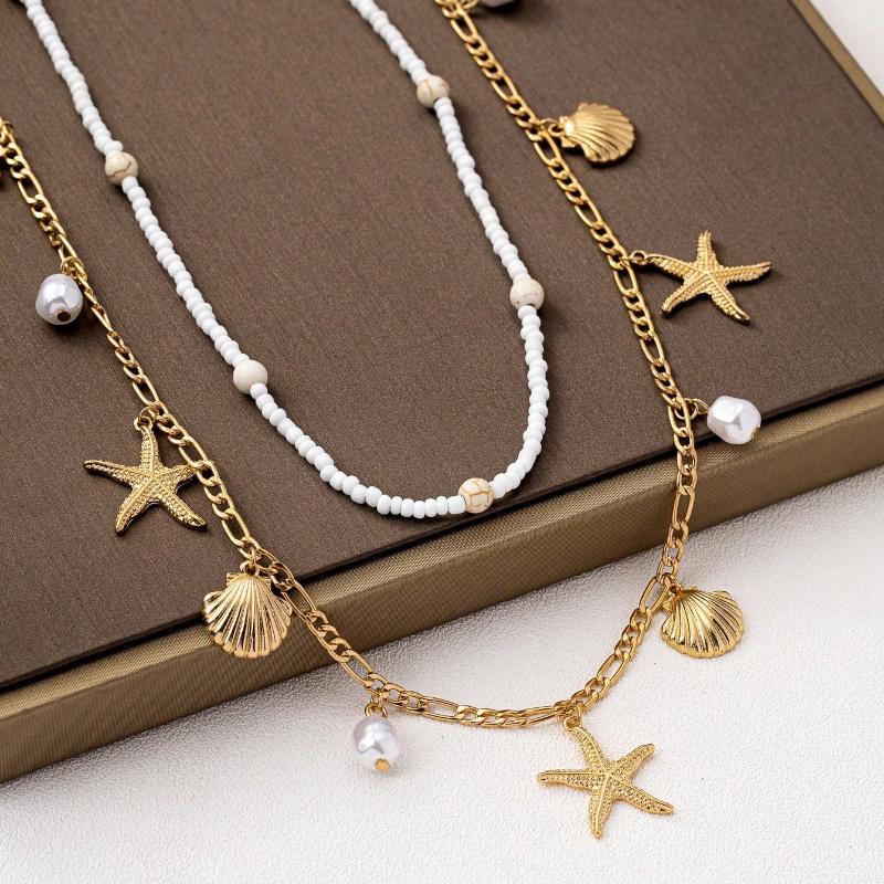 2 Pcs Boho Style Seashell, Starfish & Pearl Decor Waist Chain For Women