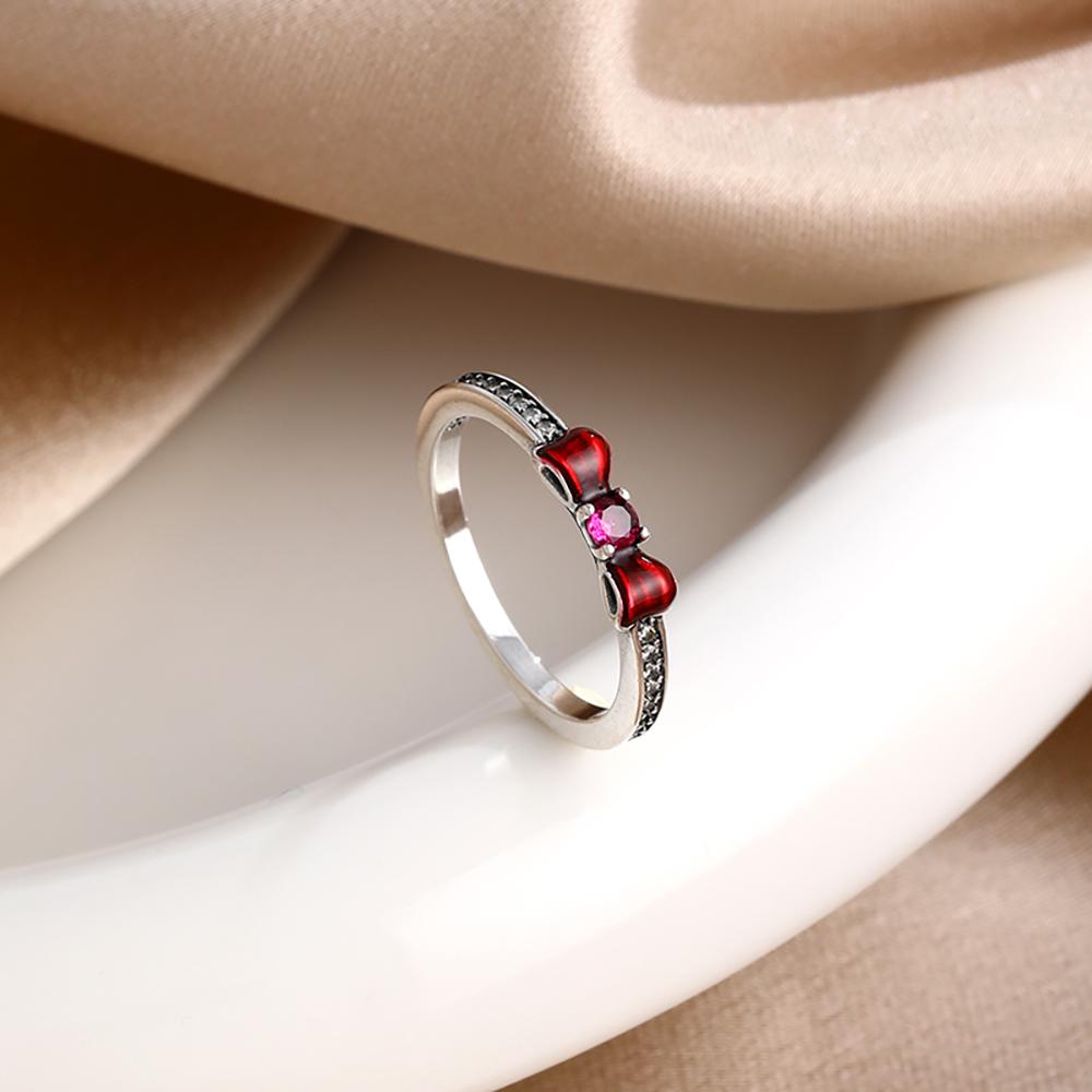 925 Silver Red Pink White bows Ring For Women Jewelry Open Design Wedding Party Fashion Gift