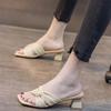 Fashion Womens Cross Strap High Heels Slippers 2025 Summer Luxury Golden Square Toe Sandals Women Designer Clear Heel Slides Woman