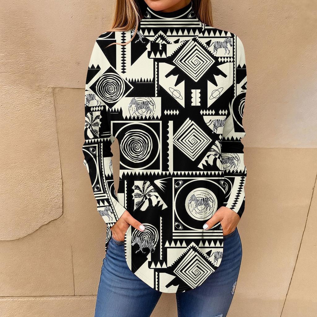 Tee Shirts For Women Fall Casual Long Sleeve Shirts Sweatshirt Vintage Printed High Neck Top Pullover
