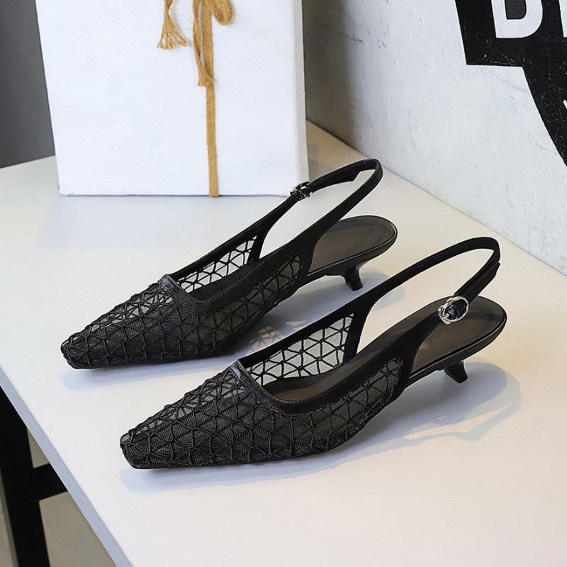 

European American Style Banquet Fashionable Temperament Pointed-Toe Single Shoes Low Heel Mesh Breathable Hollow Rear Trip Strap 34