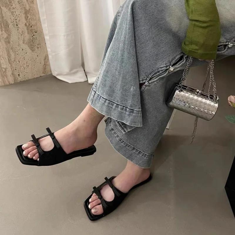 Fashion 2024 Flats Slippers Women Square Toe Sandals Beach Walking Shoes Summer Open Toe Slides Slingback Flip Flops Zapatillas De Mujer