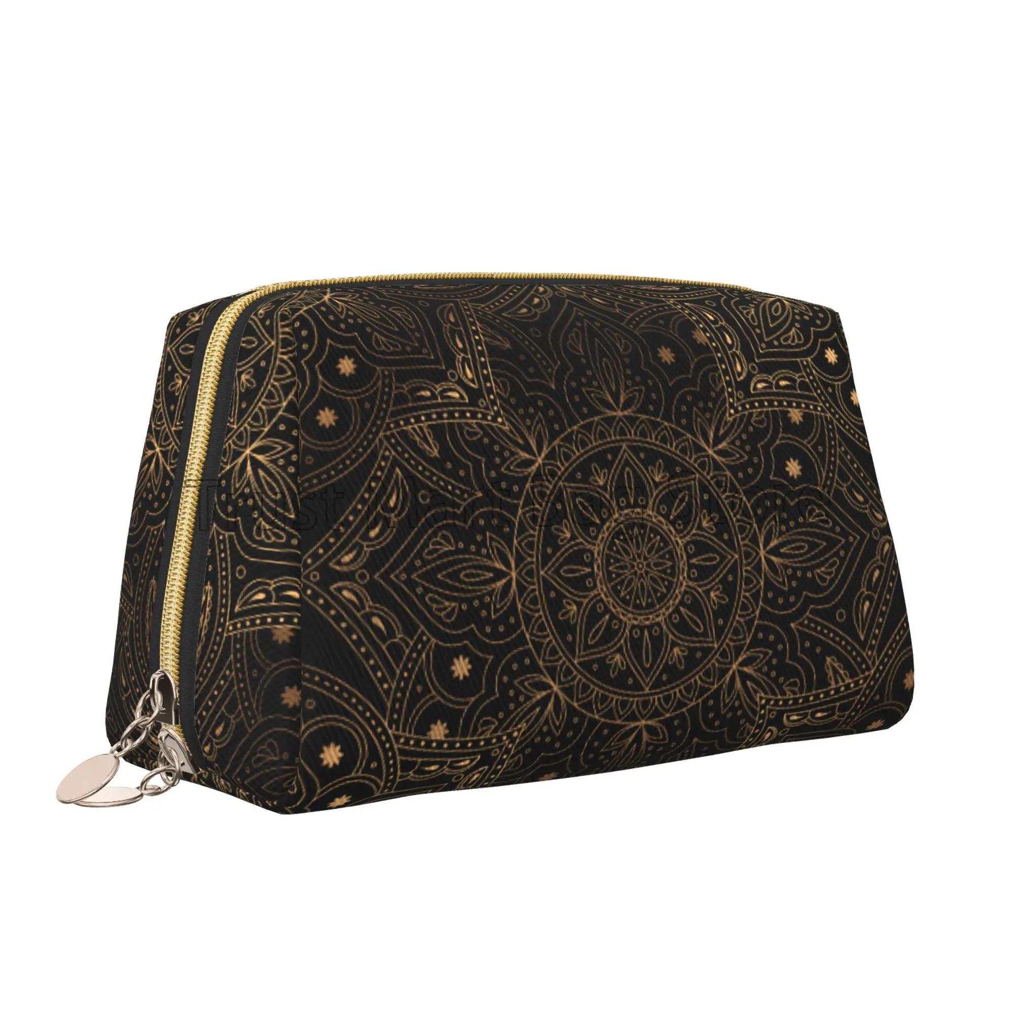 

Oriental Mandala Royal Retro Floral Large Makeup Bag Leather Travel Cosmetic Organizer Bag for Women Waterproof Toiletries Pouch чёрный