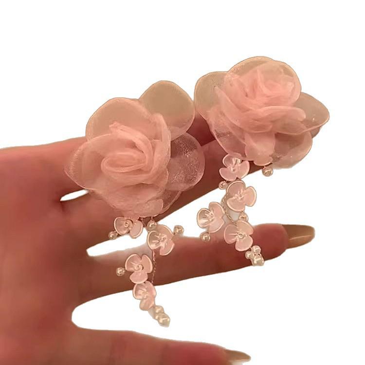 Pink Flower Tassel Clip-On Earrings - Elegant, Fairy-Inspired Design for Women