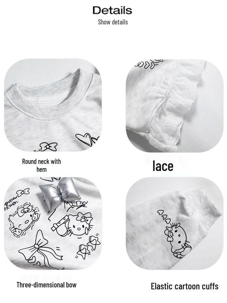 Frühlings- und Herbst-Mädchen-Kapuzenpullover mit Cartoon-KT-Katze und Spitzenbesatz